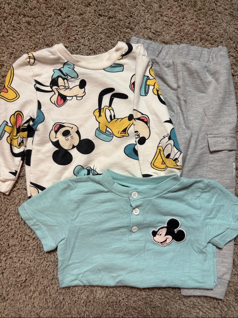 Disney Cream Crewneck with Mickey and friends, with pants and short sleeve shirt
